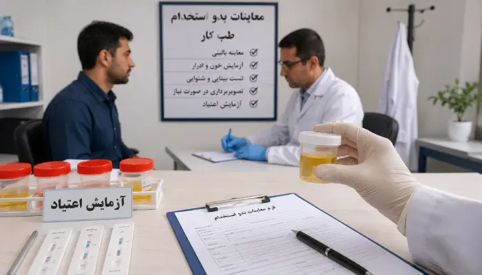 معاینات بدو استخدام طب کار شامل آزمایش اعتیاد